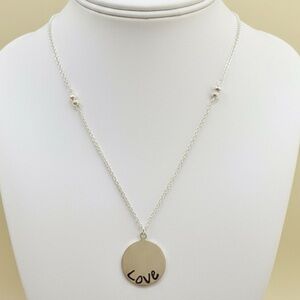 925 Sterling Mexico Silver Love Pendant on Vintage Silver Tone Necklace